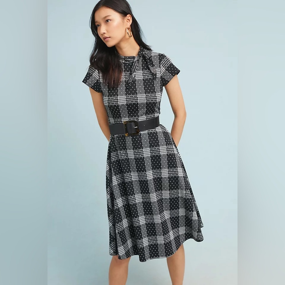 Anthropologie Zoe Maeve Black & White Plaid Polka Dot Knit Dress | Size XL